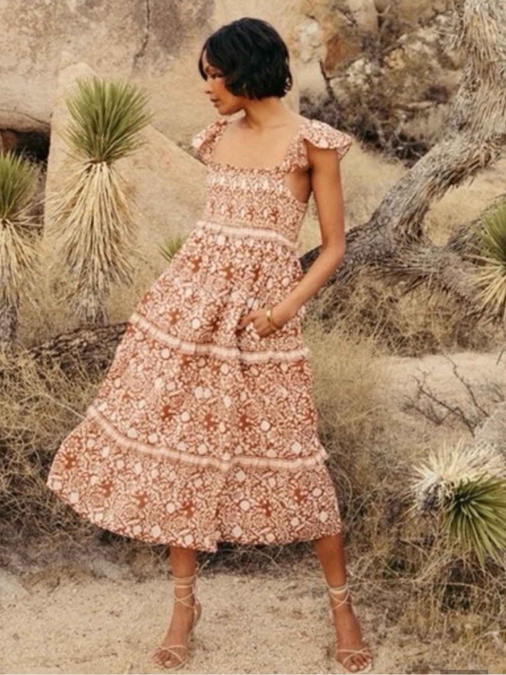 CLEOBELLA FRIDA MIDI DRESS RUFFLE SMOCKED Botanical Block-print sz XS